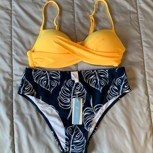NWT Yellow Twist Front Top & Palm Print High Waisted Bikini